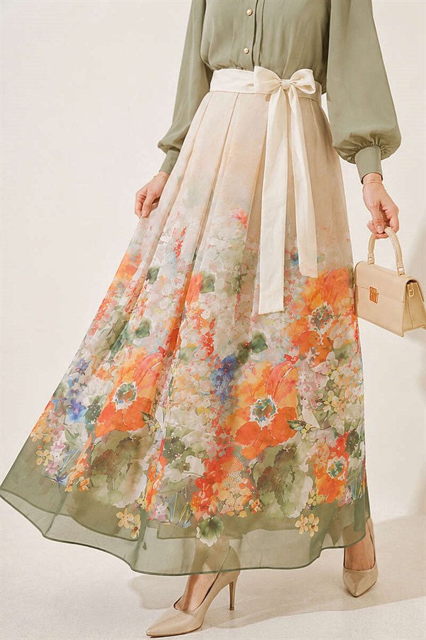 Patterned Pleated Skirt, Aqua Green