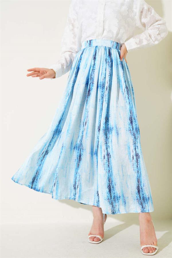 Patterned Pleated Satin Skirt Baby Blue