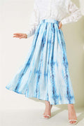 Patterned Pleated Satin Skirt Baby Blue
