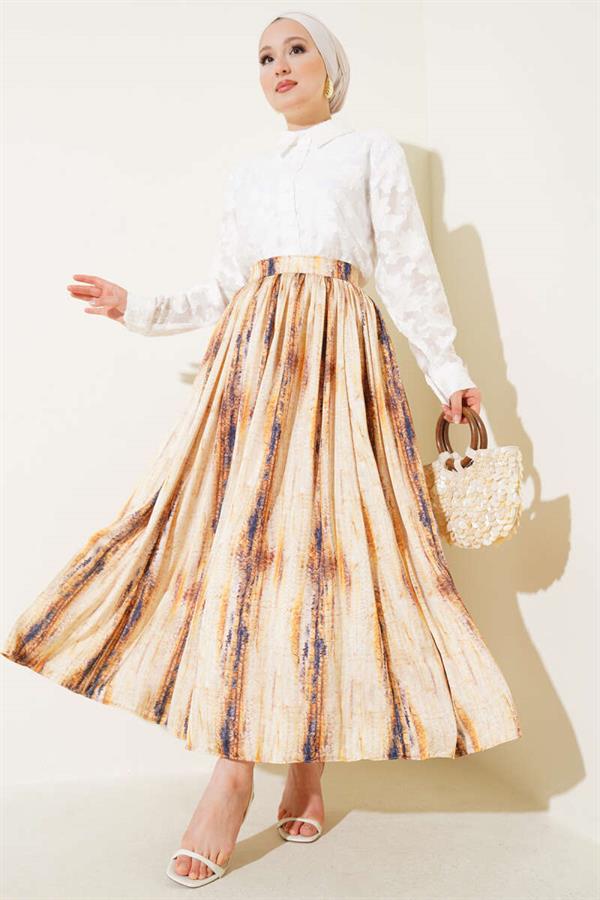 Patterned Pleated Satin Skirt Yellow