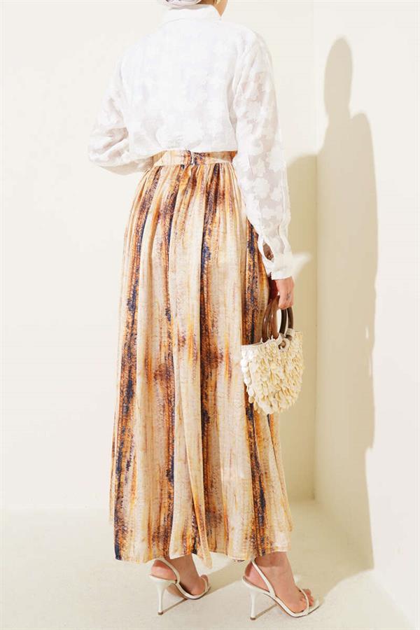 Patterned Pleated Satin Skirt Yellow