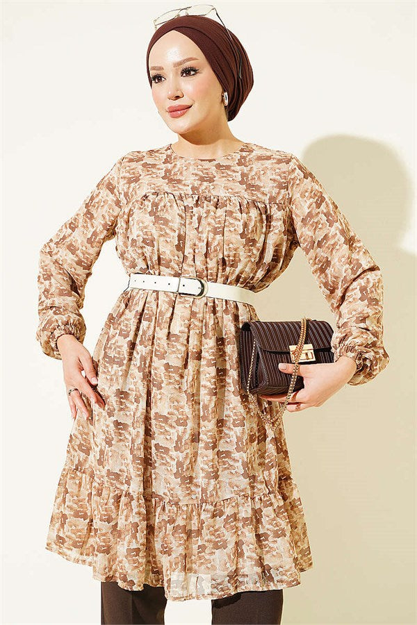 Patterned Tunic with Yoke Detail, Camel