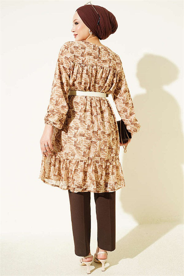 Patterned Tunic with Yoke Detail, Camel