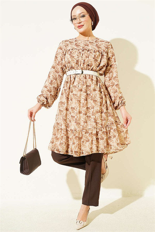 Patterned Tunic with Yoke Detail, Camel