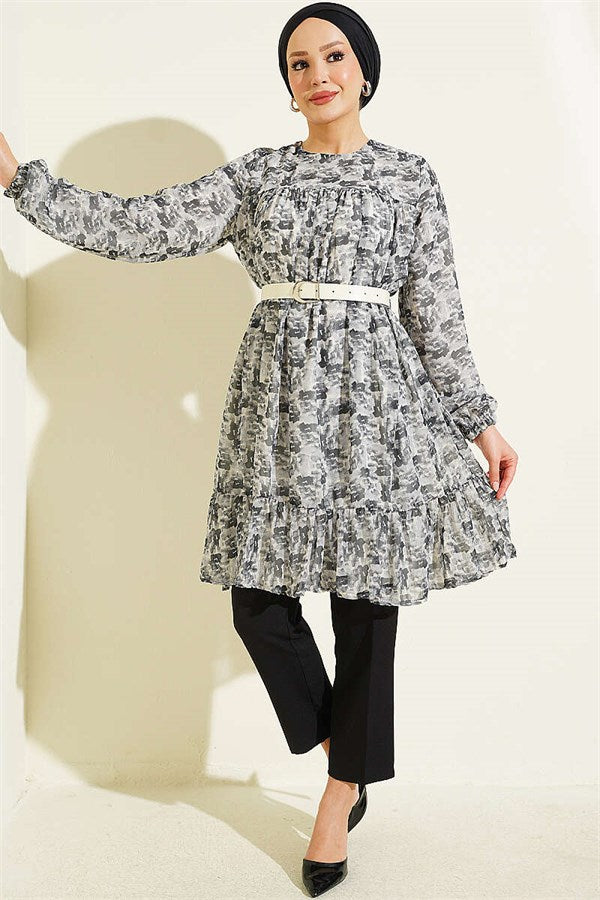 Patterned Tunic with Yoke Detail, Grey