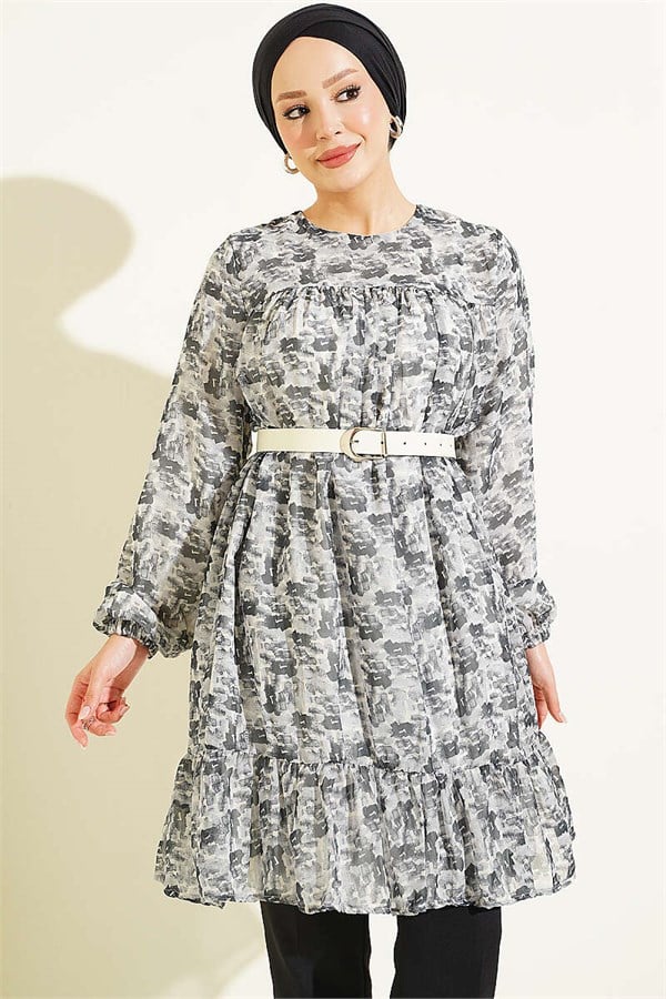 Patterned Tunic with Yoke Detail, Grey