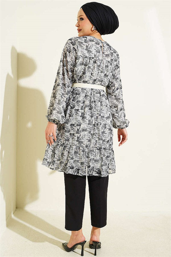 Patterned Tunic with Yoke Detail, Grey