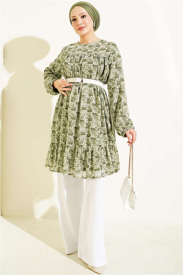 Patterned Tunic with Yoke Detail, Khaki
