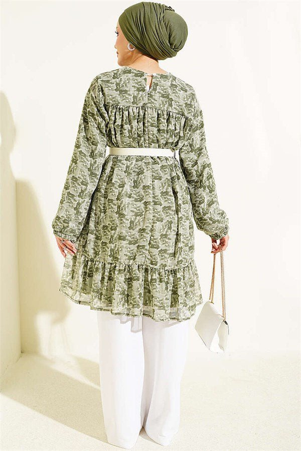 Patterned Tunic with Yoke Detail, Khaki