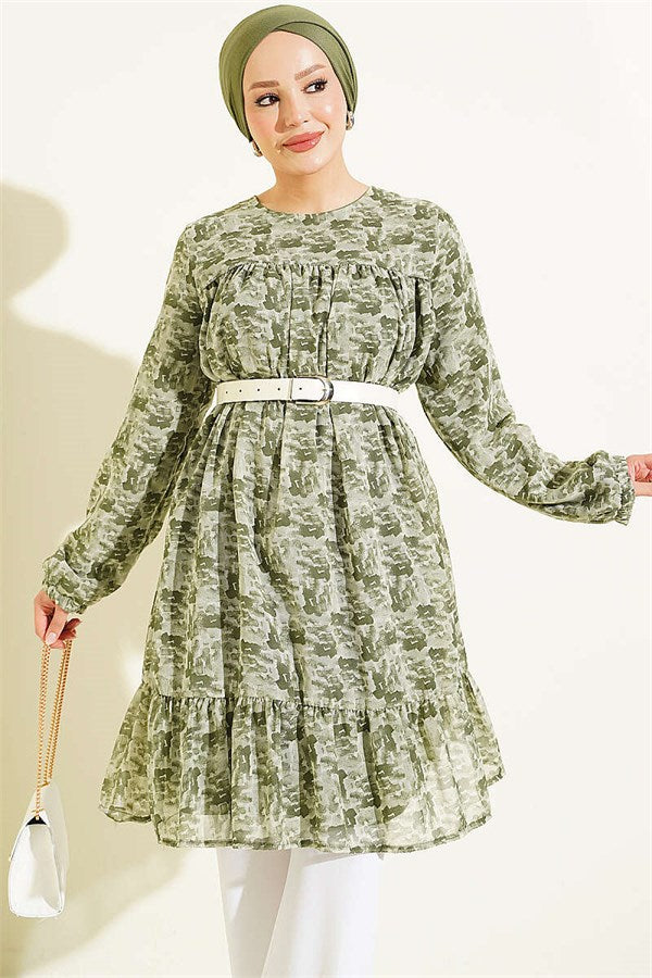 Patterned Tunic with Yoke Detail, Khaki