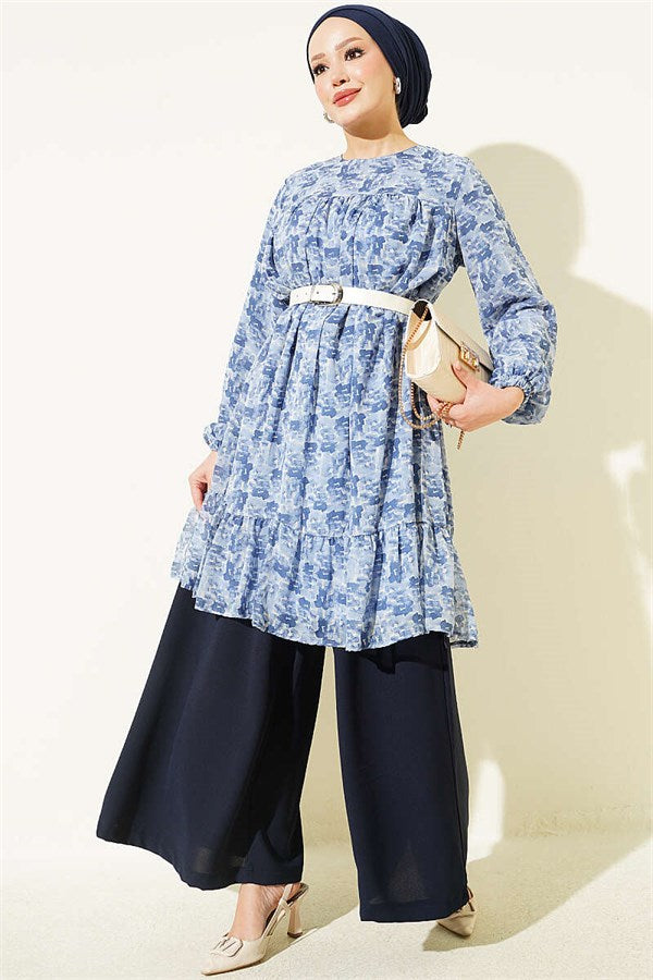 Patterned Tunic with Yoke Detail, Blue