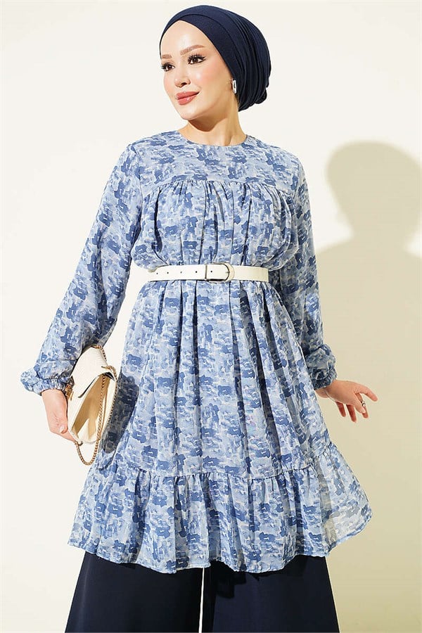 Patterned Tunic with Yoke Detail, Blue