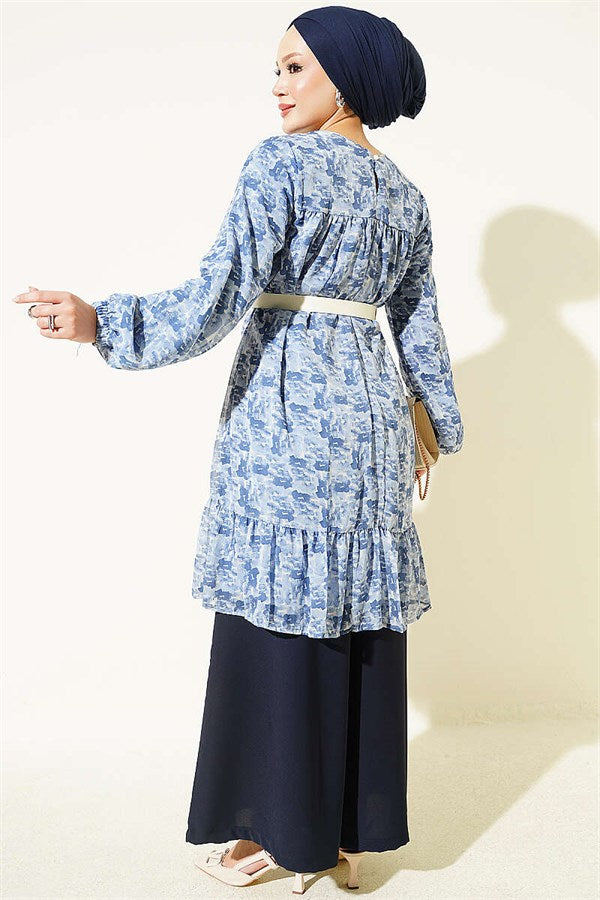 Patterned Tunic with Yoke Detail, Blue