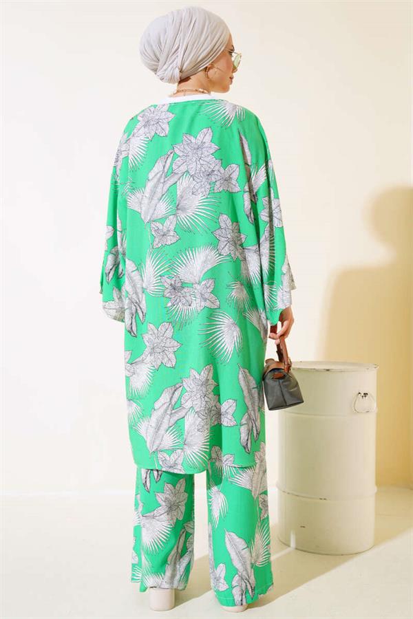 Patterned Casual Kimono 2 Piece Set Green