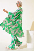 Patterned Casual Kimono 2 Piece Set Green