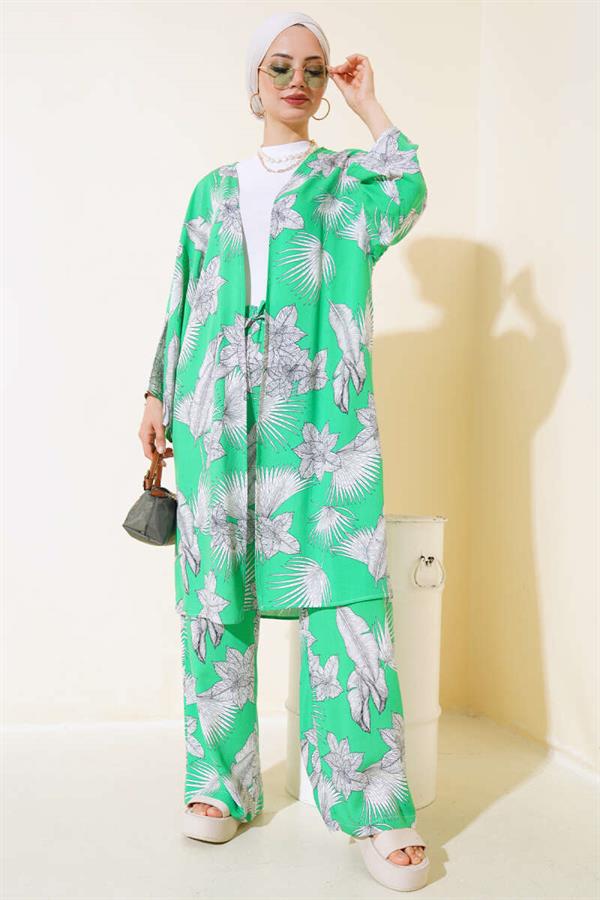 Patterned Casual Kimono 2 Piece Set Green