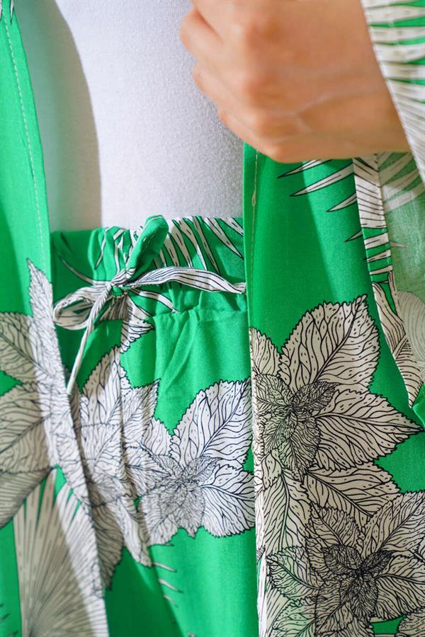 Patterned Casual Kimono 2 Piece Set Green