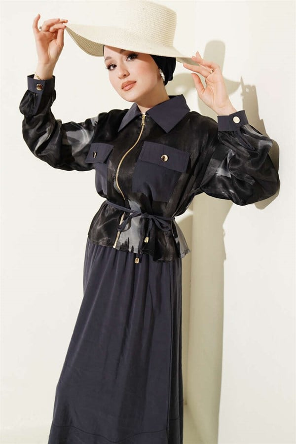 Patterned Satin Blouse and Skirt 2 Piece Set, Smoke Grey