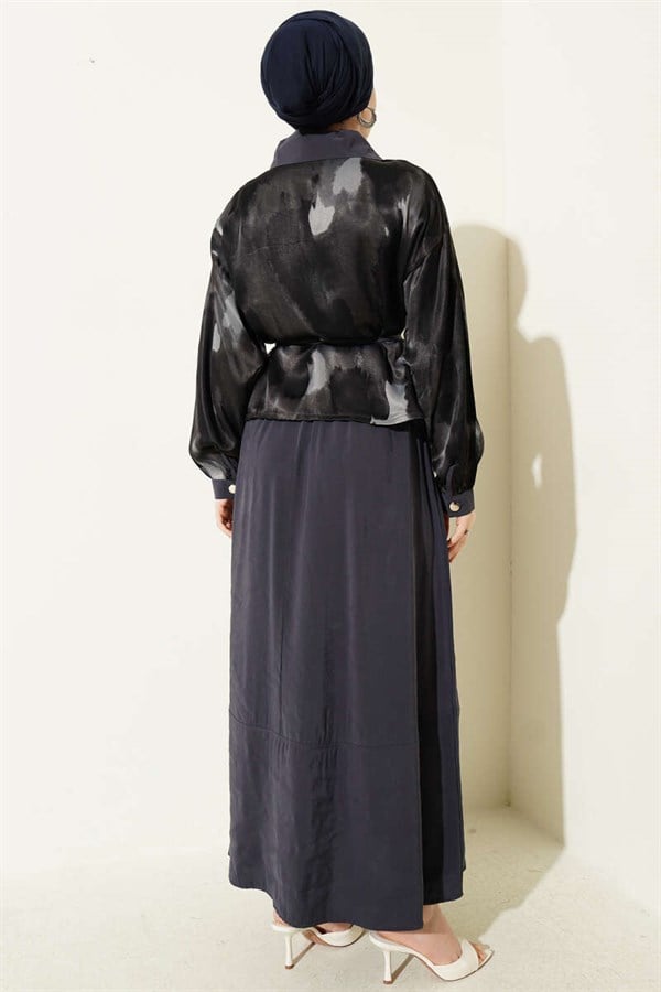Patterned Satin Blouse and Skirt 2 Piece Set, Smoke Grey