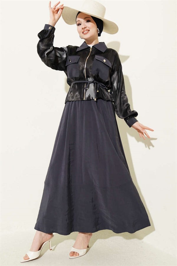 Patterned Satin Blouse and Skirt 2 Piece Set, Smoke Grey