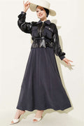 Patterned Satin Blouse and Skirt 2 Piece Set, Smoke Grey