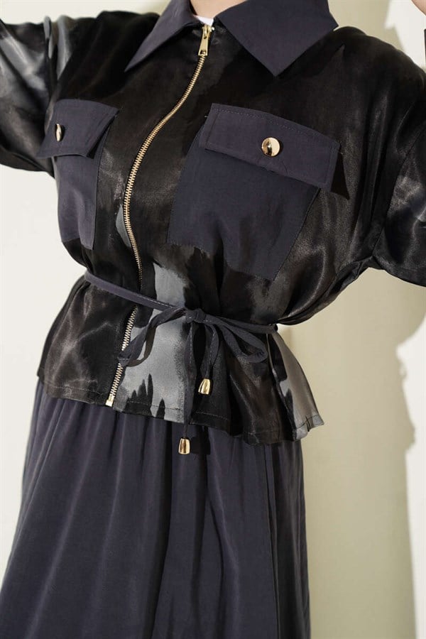 Patterned Satin Blouse and Skirt 2 Piece Set, Smoke Grey