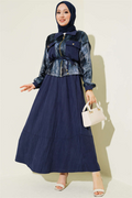 Patterned Satin Blouse and Skirt 2 Piece Set, Navy Blue