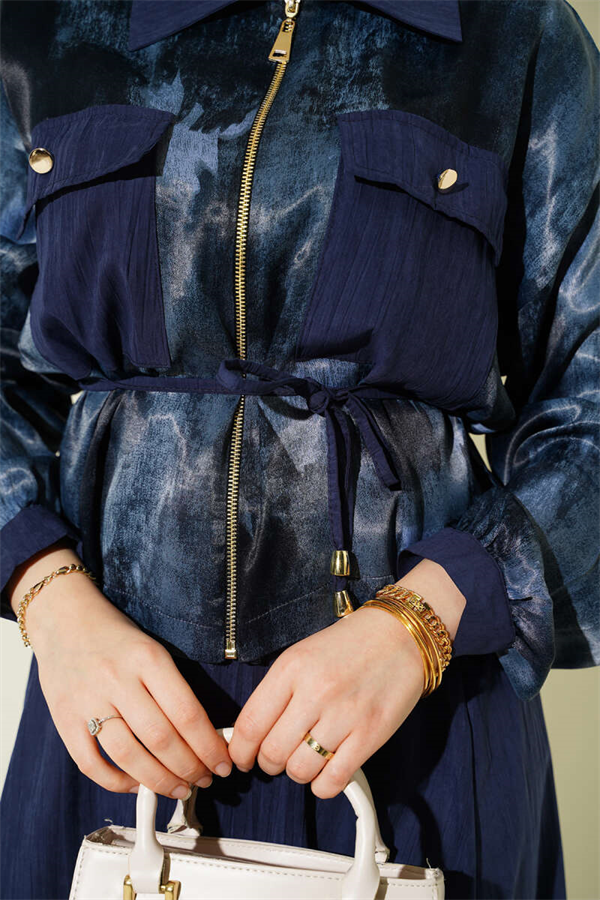 Patterned Satin Blouse and Skirt 2 Piece Set, Navy Blue
