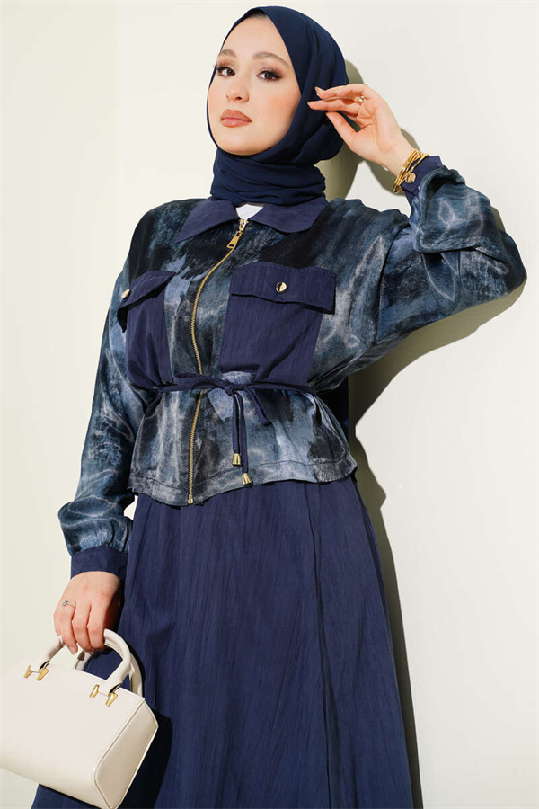 Patterned Satin Blouse and Skirt 2 Piece Set, Navy Blue