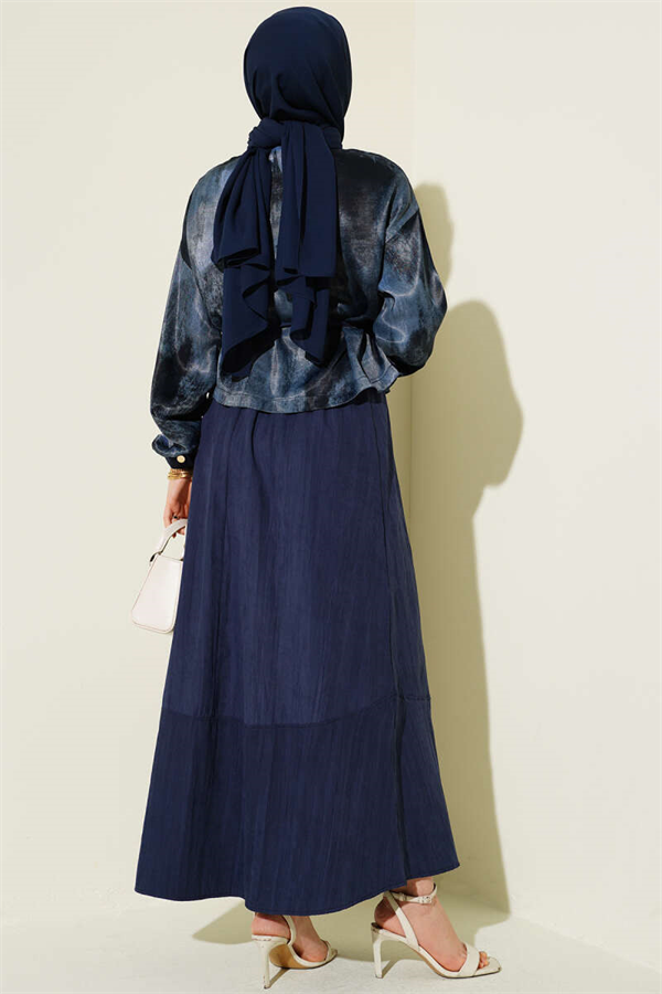 Patterned Satin Blouse and Skirt 2 Piece Set, Navy Blue