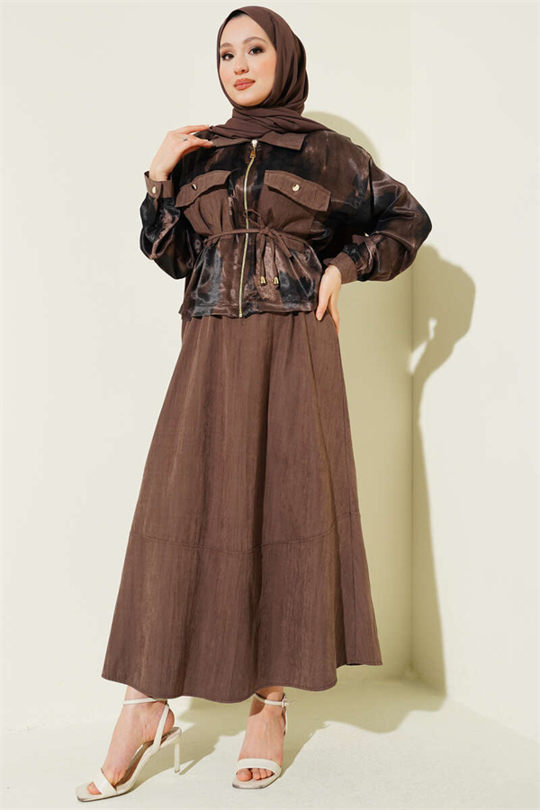 Patterned Satin Blouse and Skirt 2 Piece Set, Mink