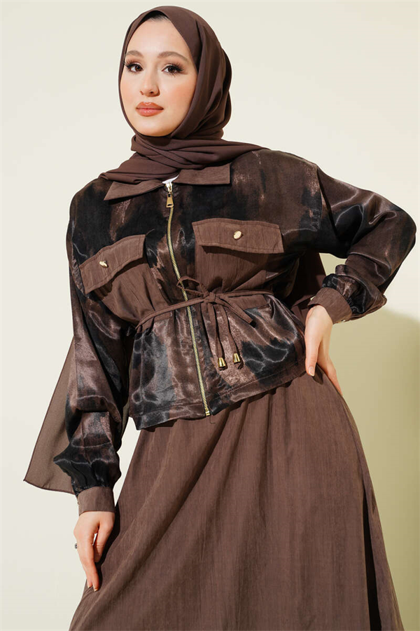 Patterned Satin Blouse and Skirt 2 Piece Set, Mink