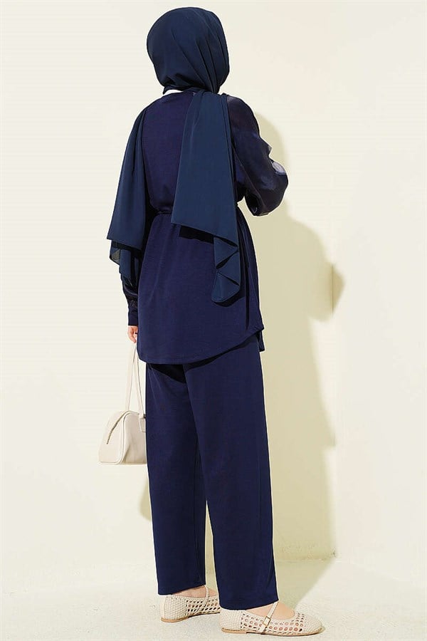 Patterned Satin Sleeved Loysa 2 Piece Set, Navy Blue