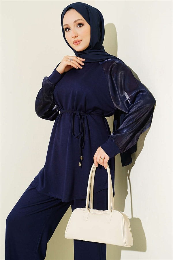 Patterned Satin Sleeved Loysa 2 Piece Set, Navy Blue