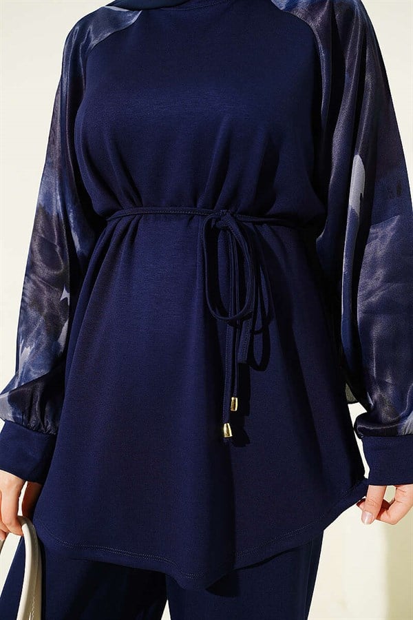 Patterned Satin Sleeved Loysa 2 Piece Set, Navy Blue