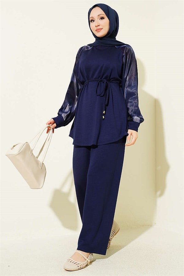 Patterned Satin Sleeved Loysa 2 Piece Set, Navy Blue