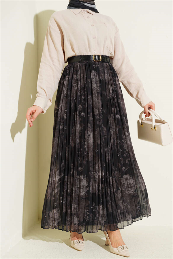 Patterned, Tightly Pleated Chiffon Skirt, Black