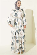 Patterned Ruffled Satin Dress, Smoke Grey