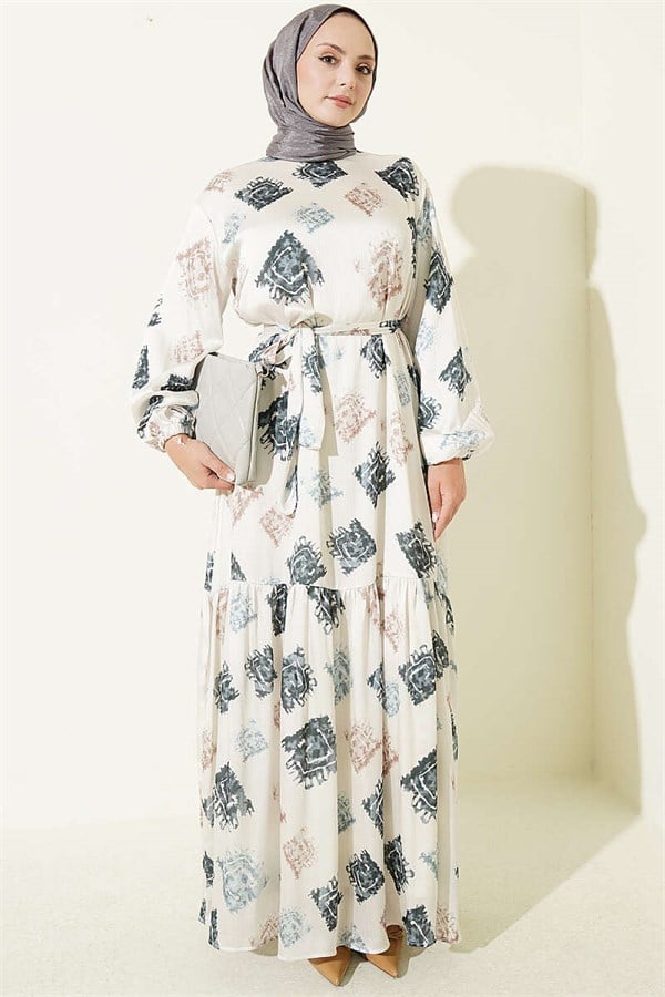 Patterned Ruffled Satin Dress, Smoke Grey