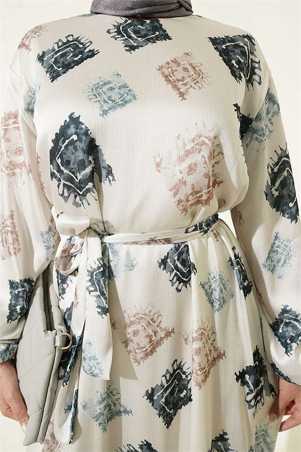 Patterned Ruffled Satin Dress, Smoke Grey
