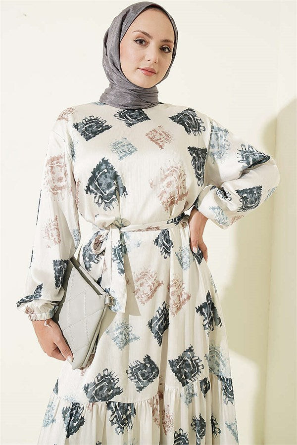Patterned Ruffled Satin Dress, Smoke Grey