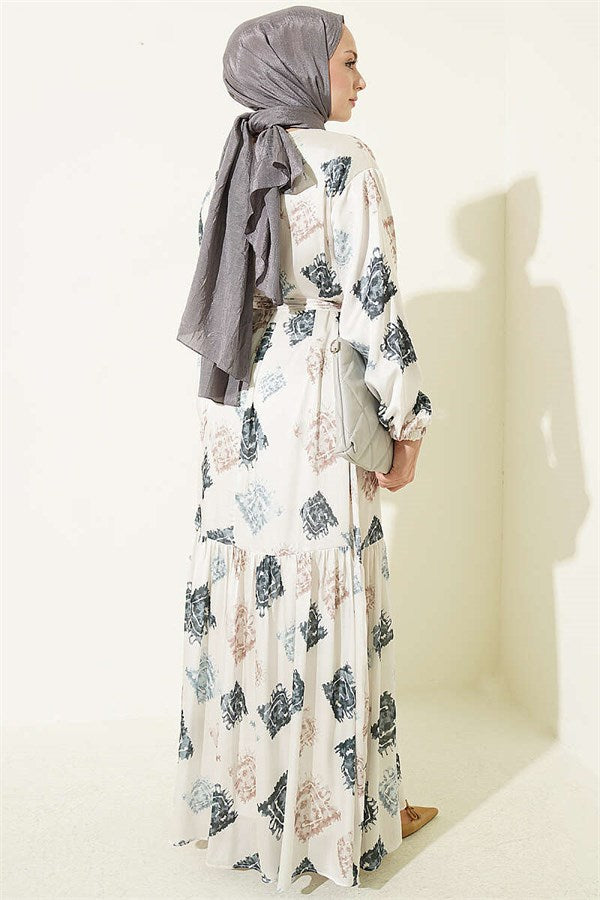 Patterned Ruffled Satin Dress, Smoke Grey