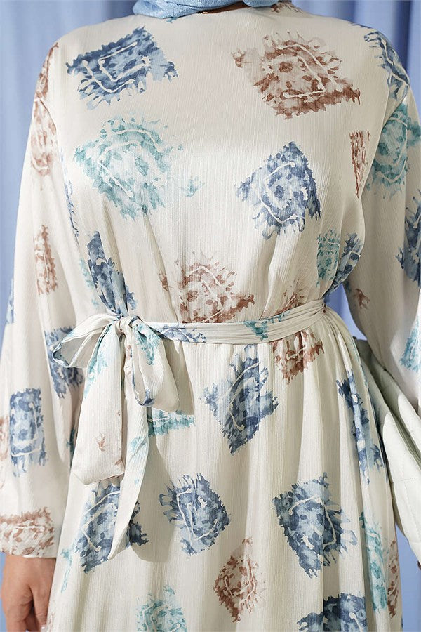 Patterned Ruffled Satin Dress Blue