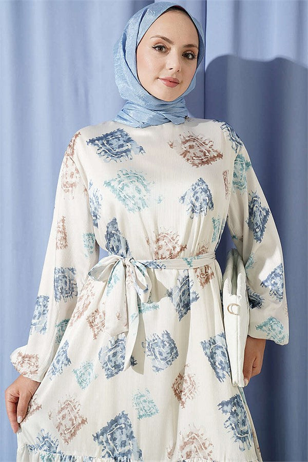 Patterned Ruffled Satin Dress Blue