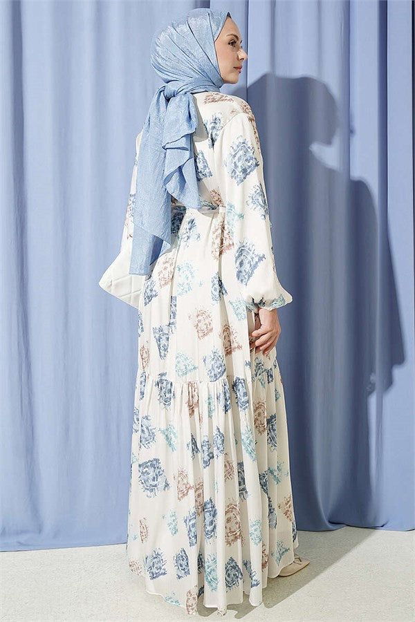Patterned Ruffled Satin Dress Blue
