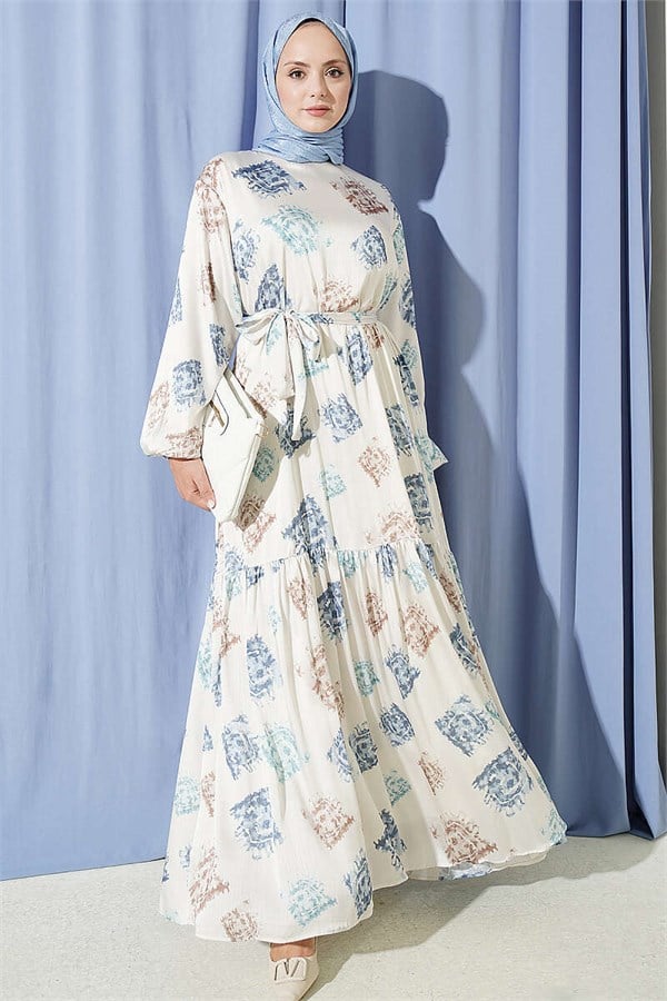 Patterned Ruffled Satin Dress Blue