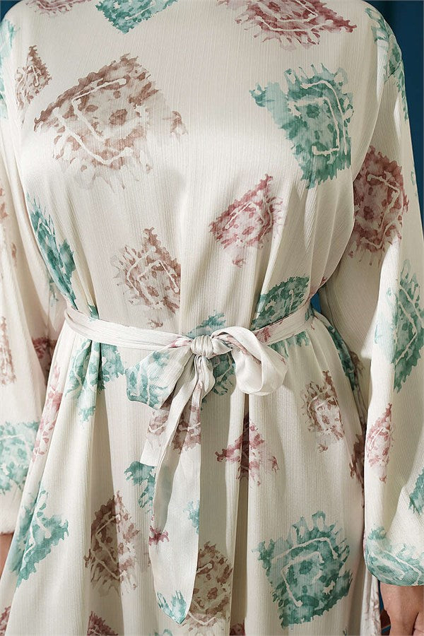 Patterned Ruffled Satin Dress Green