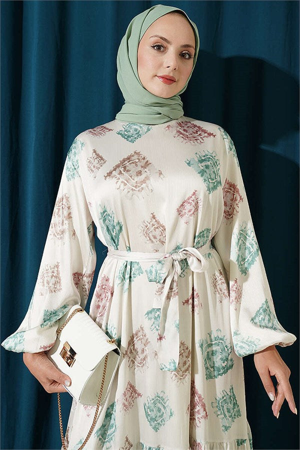 Patterned Ruffled Satin Dress Green