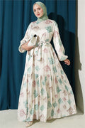Patterned Ruffled Satin Dress Green