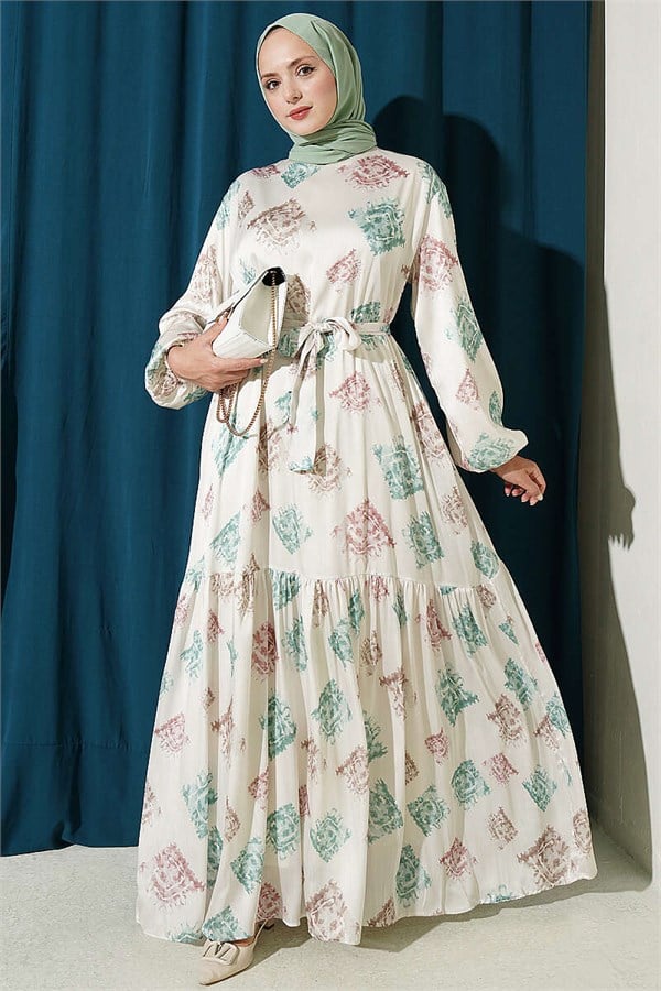 Patterned Ruffled Satin Dress Green